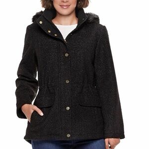 Y2K Anorak Black Faux Fur MobWife Hooded Jacket with Cinch Waist  size Large